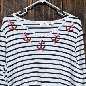 Quacker Factory Tunic‎ Nautical Sequin Anchors V Neck Blouse Stripes Black White